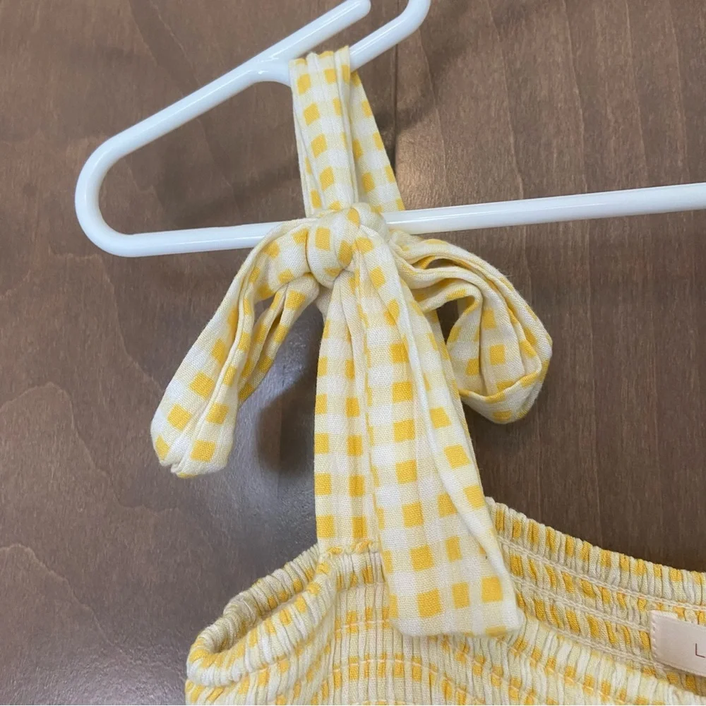 LC Lauren Conrad Smocked Dress Yellow Tie Shoulder Detail Size M - Picture 5 of 7